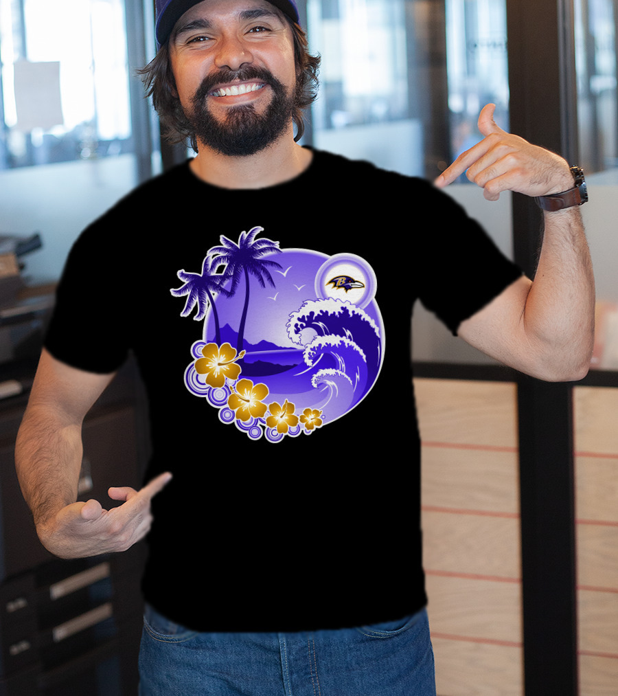 Baltimore Ravens Happy Holidays Tropical Paradise With Wave And Flowers T-Shirt
