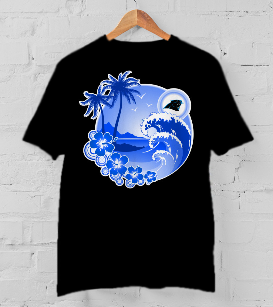 Carolina Panthers Happy Holidays Tropical Wave And Palm Trees T-Shirt