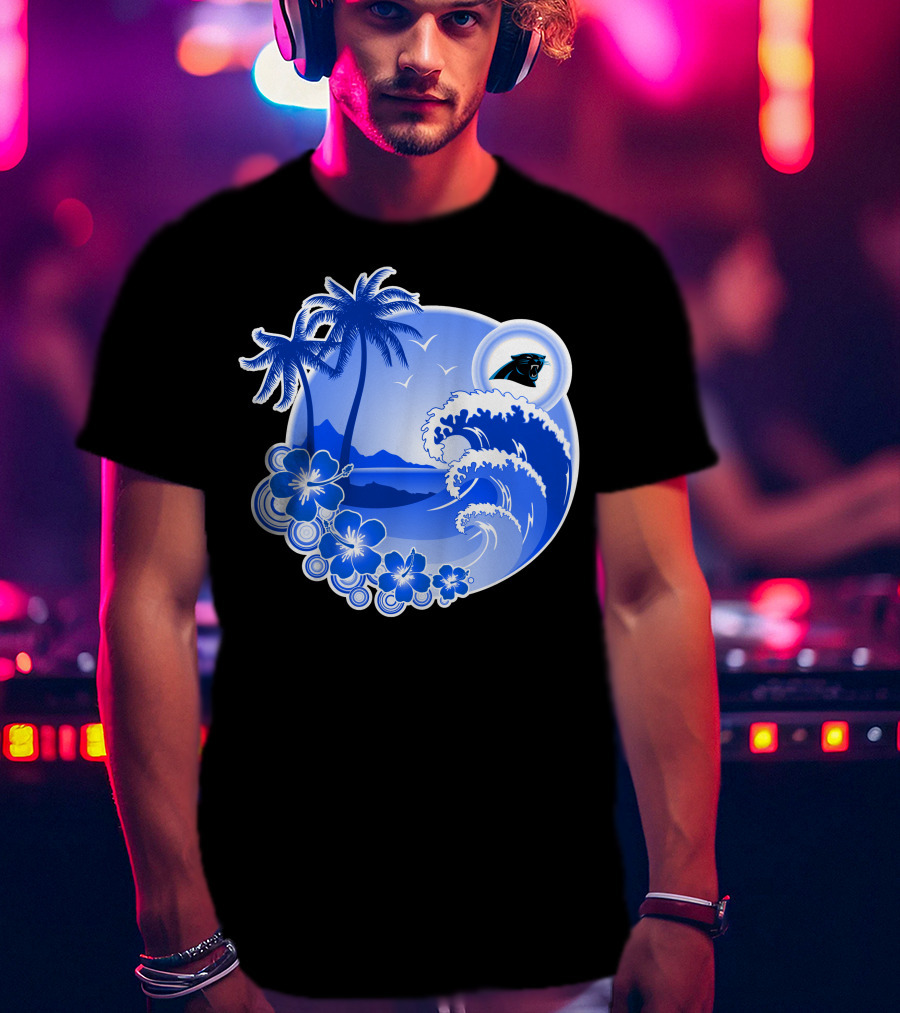 Carolina Panthers Happy Holidays Tropical Wave And Palm Trees T-Shirt