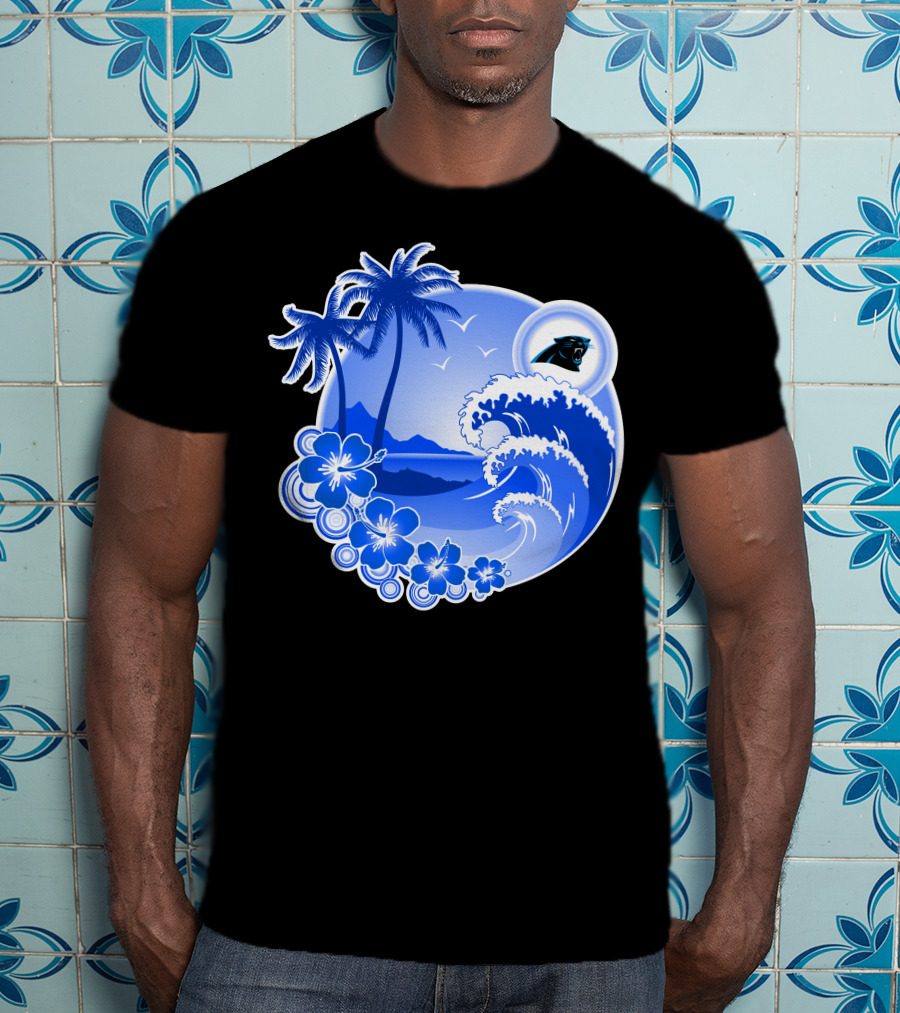 Carolina Panthers Happy Holidays Tropical Wave And Palm Trees T-Shirt