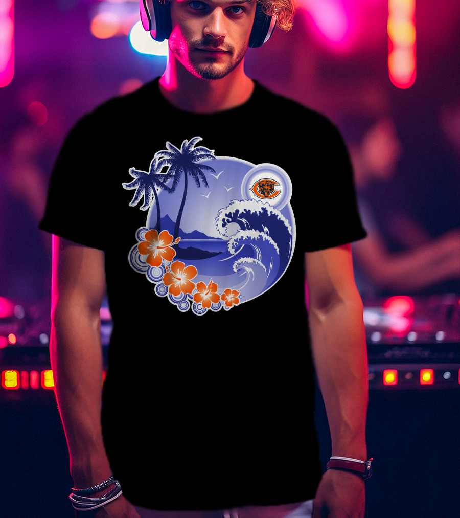 Chicago Bears Happy Holidays Palm Trees And Ocean Wave T-Shirt