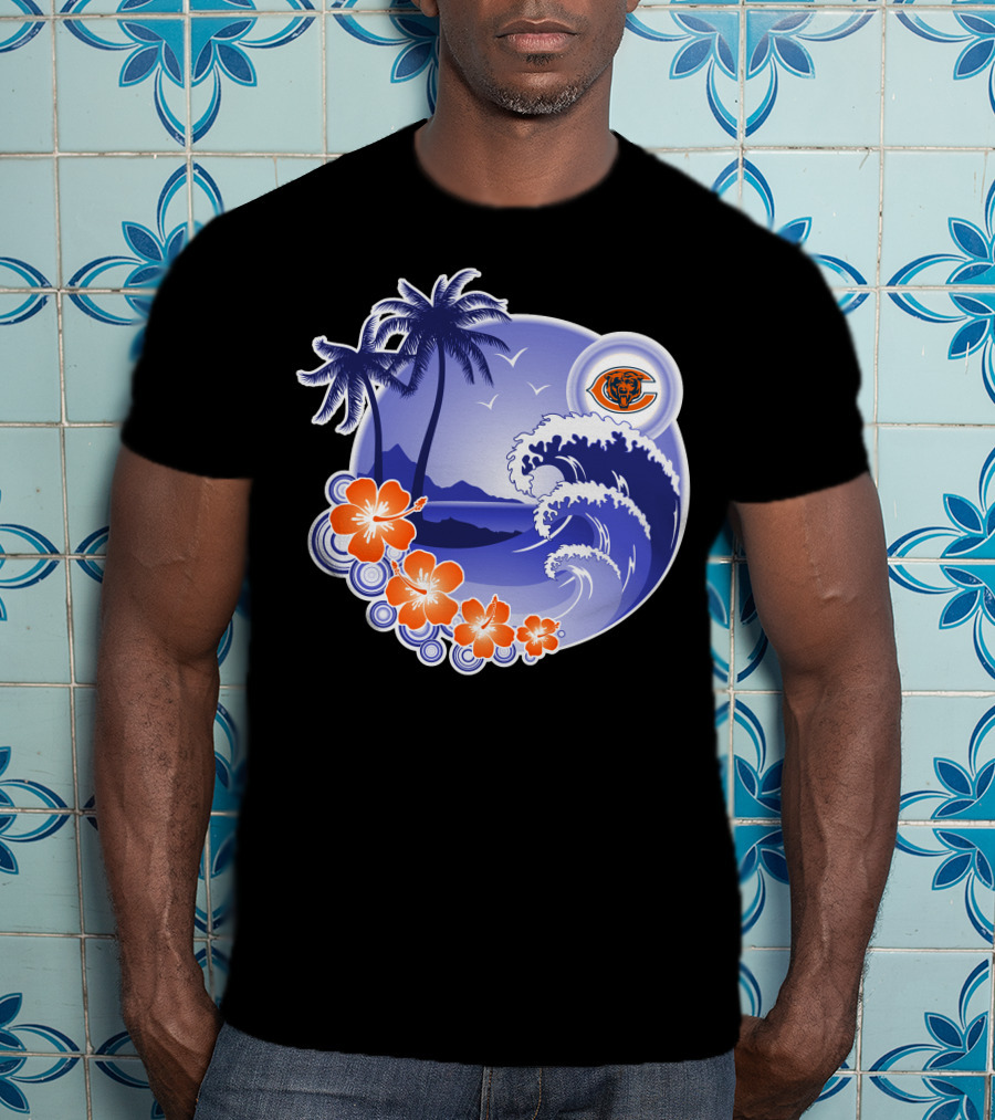 Chicago Bears Happy Holidays Palm Trees And Ocean Wave T-Shirt