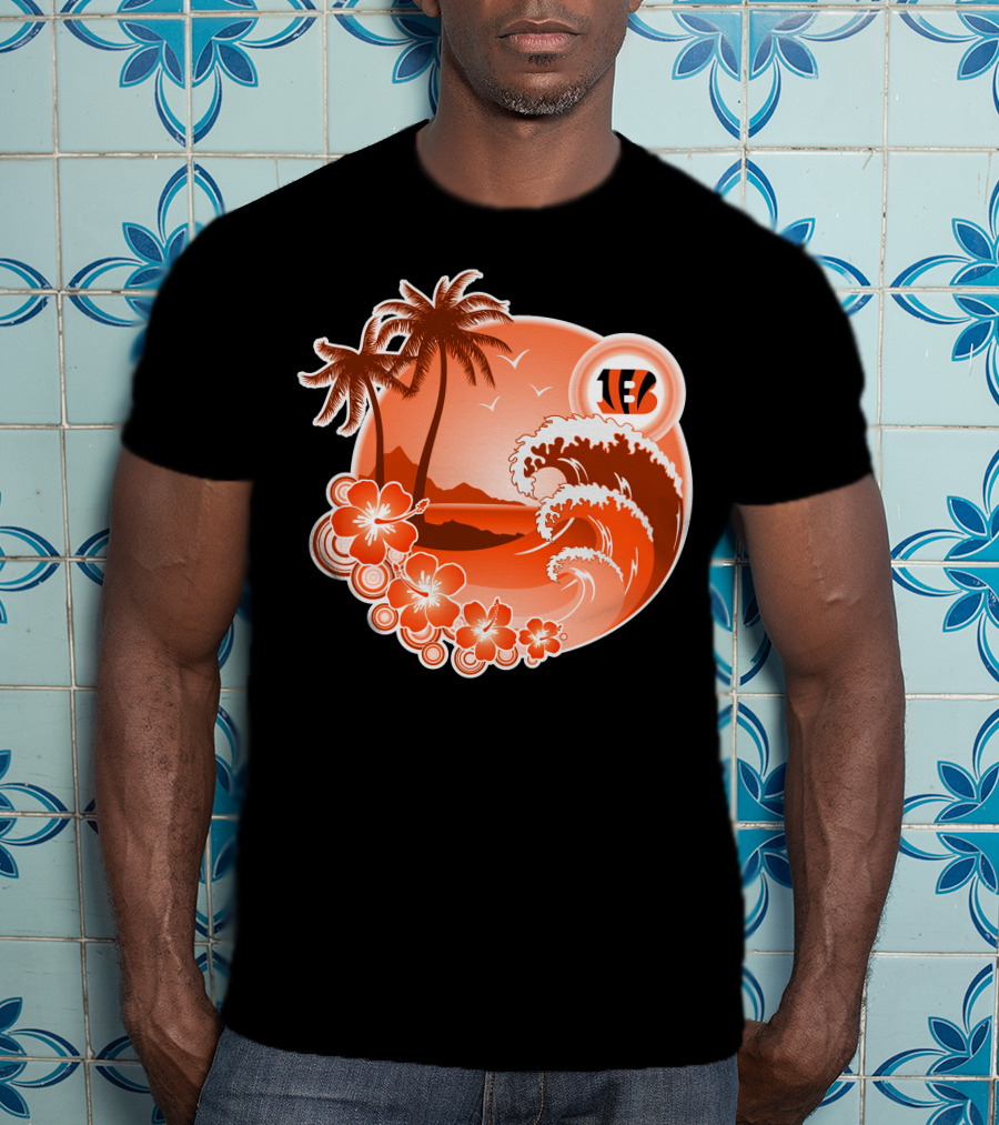 Cincinnati Bengals Holiday Hawaiian Beach Wave And Palm Flowers T-Shirt