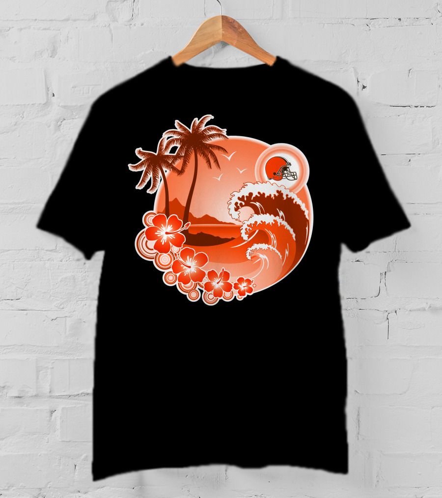 Cleveland Browns Holiday Tropical Beach Scene With Flowers And Helmet T-Shirt