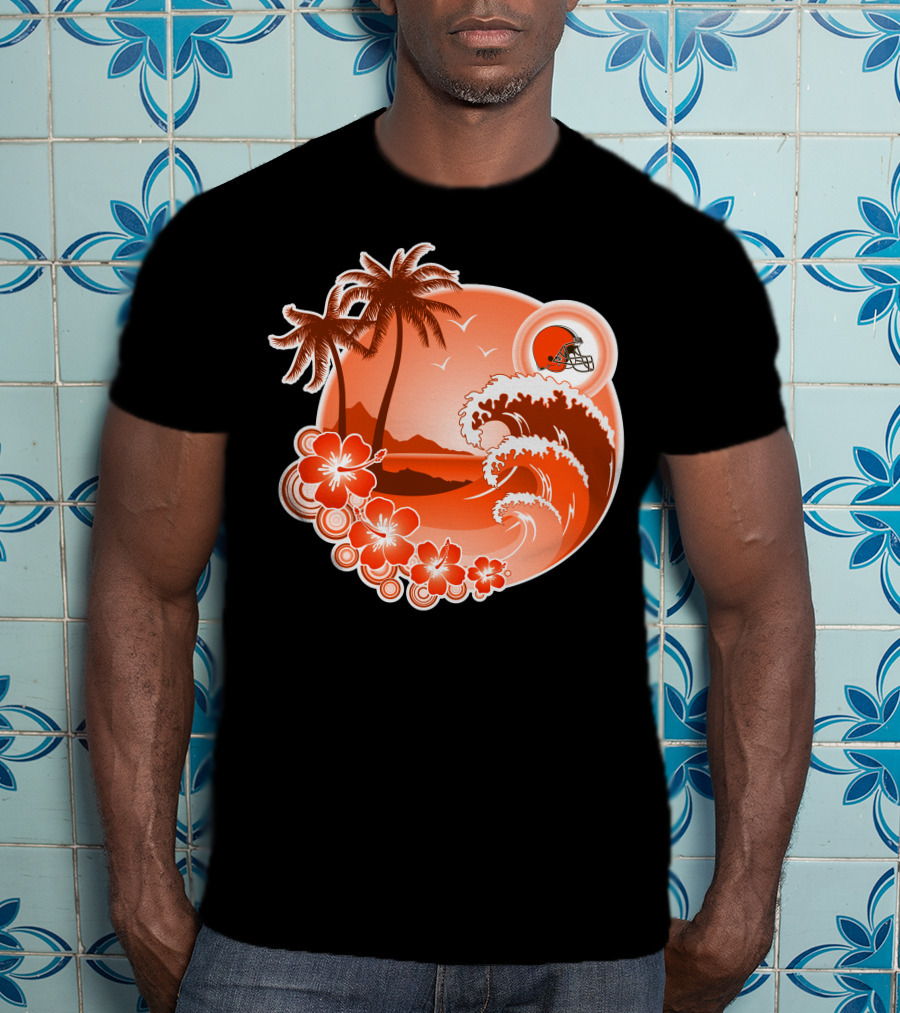 Cleveland Browns Holiday Tropical Beach Scene With Flowers And Helmet T-Shirt
