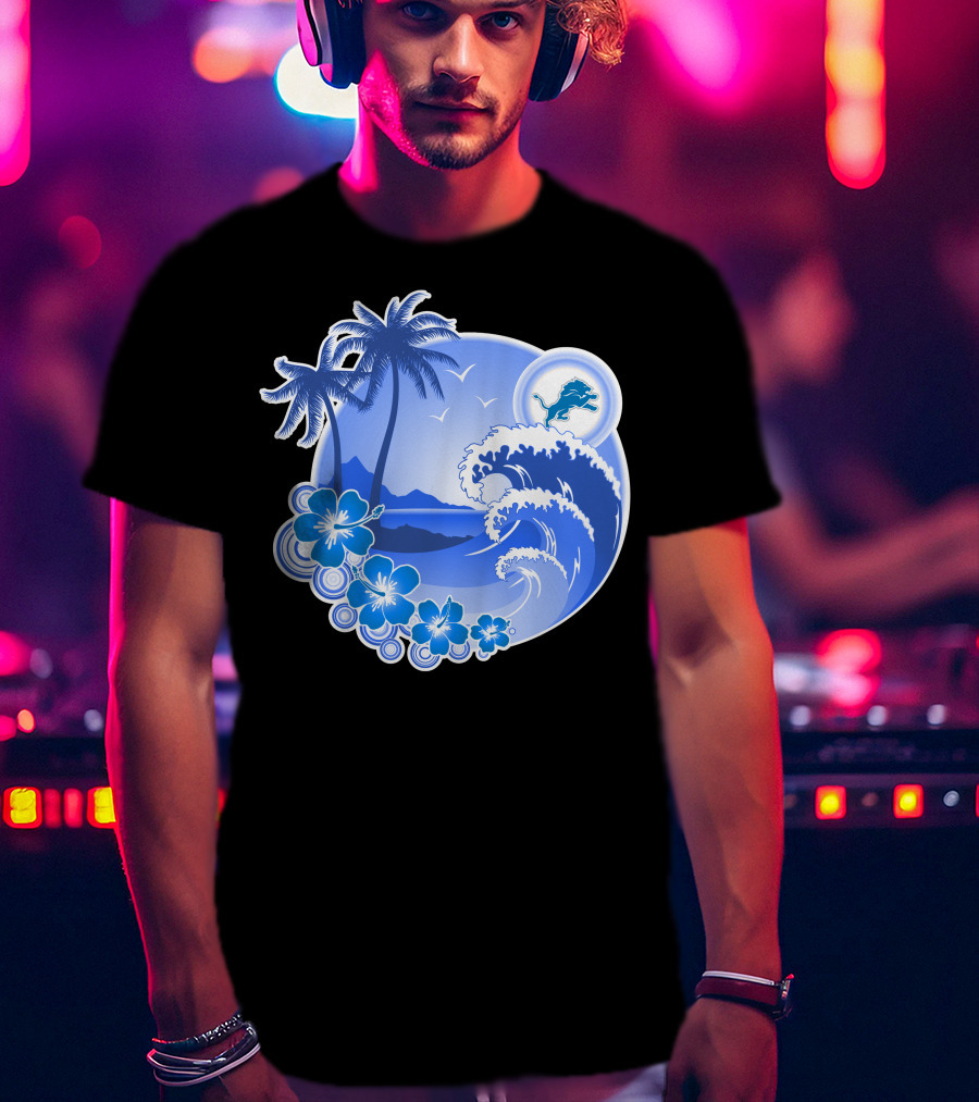 Detroit Lions Happy Holidays Tropical Wave And Palm Trees T-Shirt