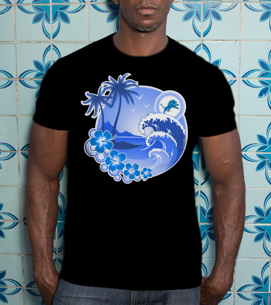 Detroit Lions Happy Holidays Tropical Wave And Palm Trees T-Shirt