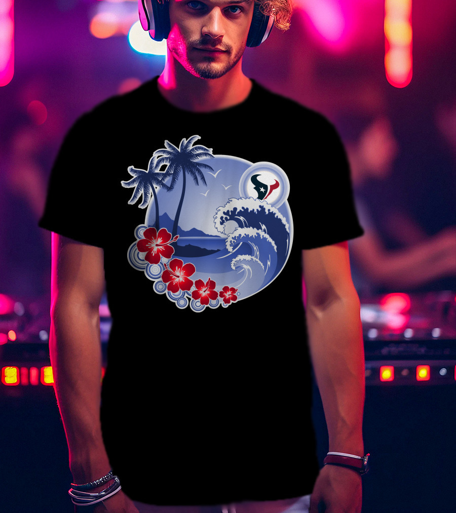 Houston Texans Happy Holidays Tropical Floral Beach Waves T-Shirt