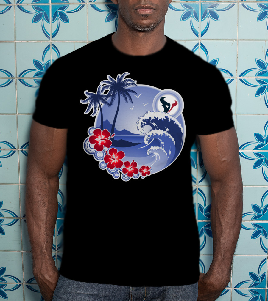 Houston Texans Happy Holidays Tropical Floral Beach Waves T-Shirt
