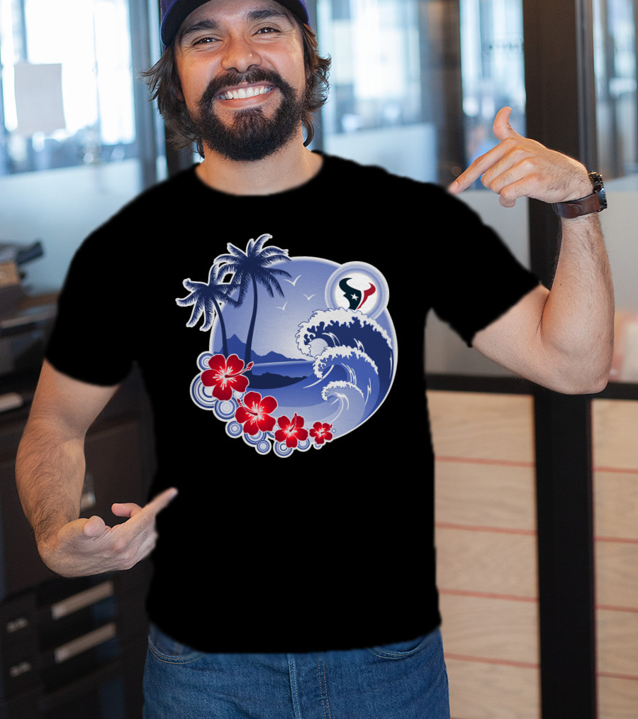 Houston Texans Happy Holidays Tropical Floral Beach Waves T-Shirt