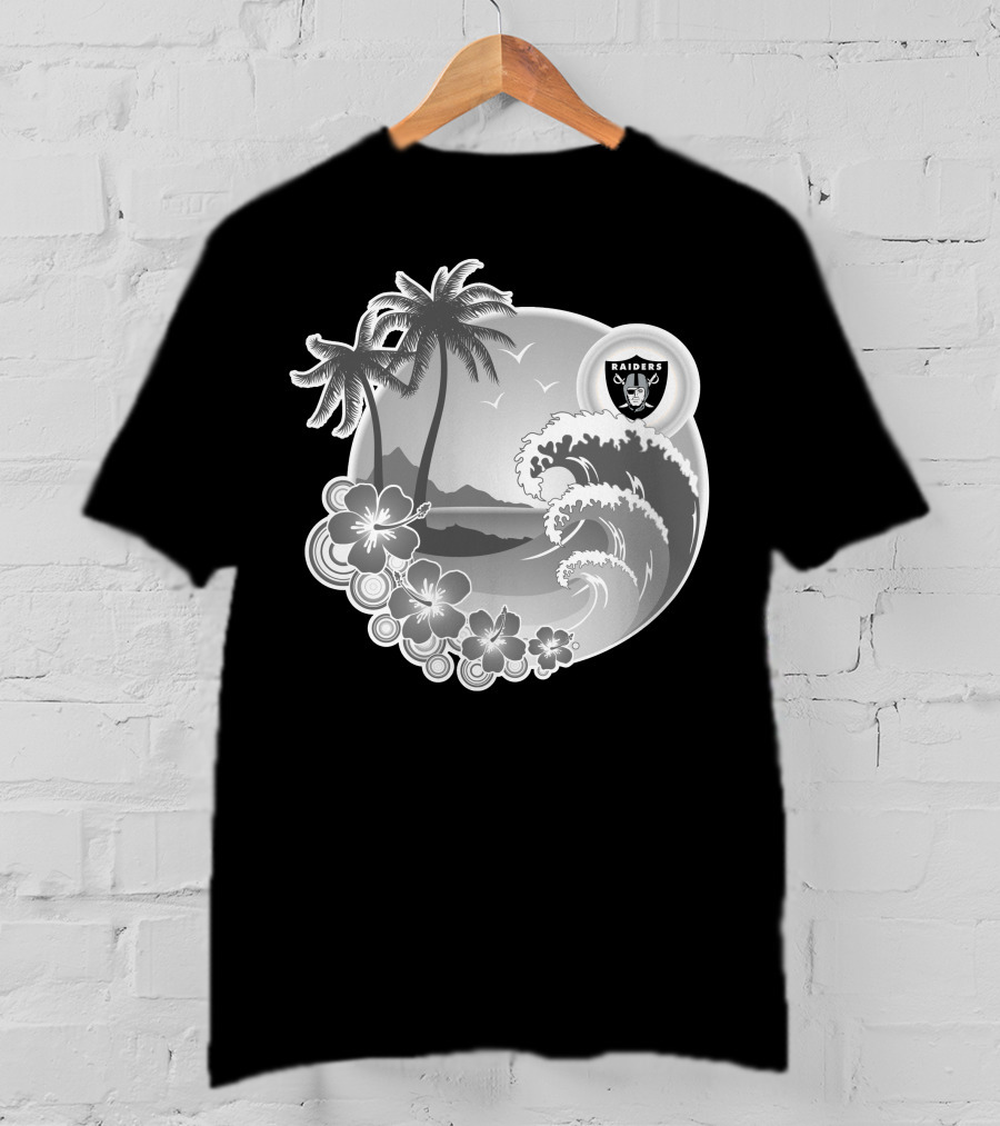 Las Vegas Raiders Happy Holidays Beach Scene With Palm Trees And Waves T-Shirt
