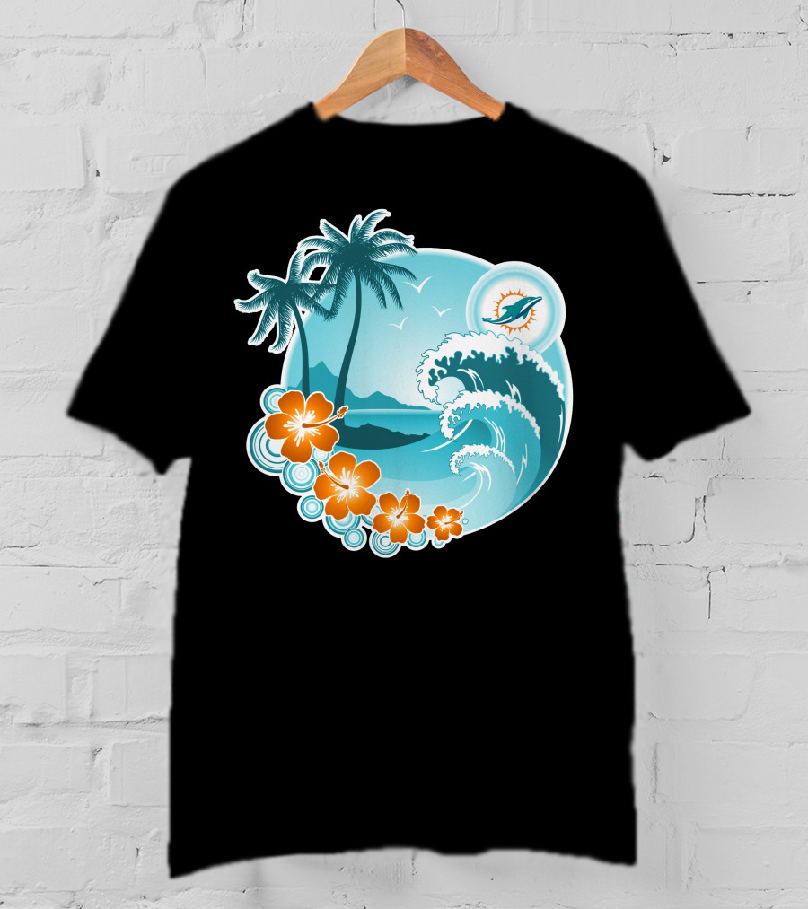 Miami Dolphins Happy Holidays Tropical Wave And Palm Trees Scene T-Shirt