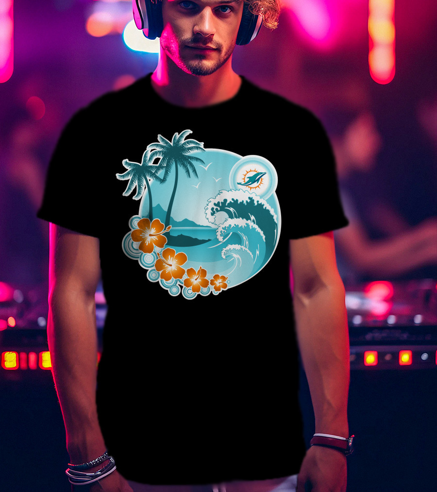 Miami Dolphins Happy Holidays Tropical Wave And Palm Trees Scene T-Shirt