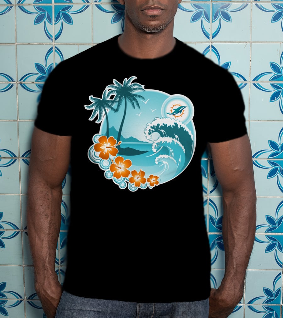 Miami Dolphins Happy Holidays Tropical Wave And Palm Trees Scene T-Shirt