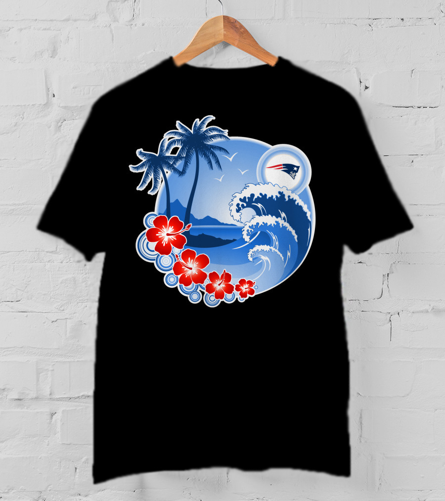 New England Patriots Tropical Beach Waves And Palm Trees Scene T-Shirt