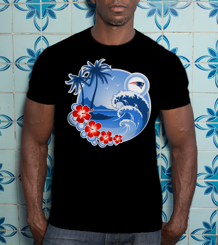 New England Patriots Tropical Beach Waves And Palm Trees Scene T-Shirt