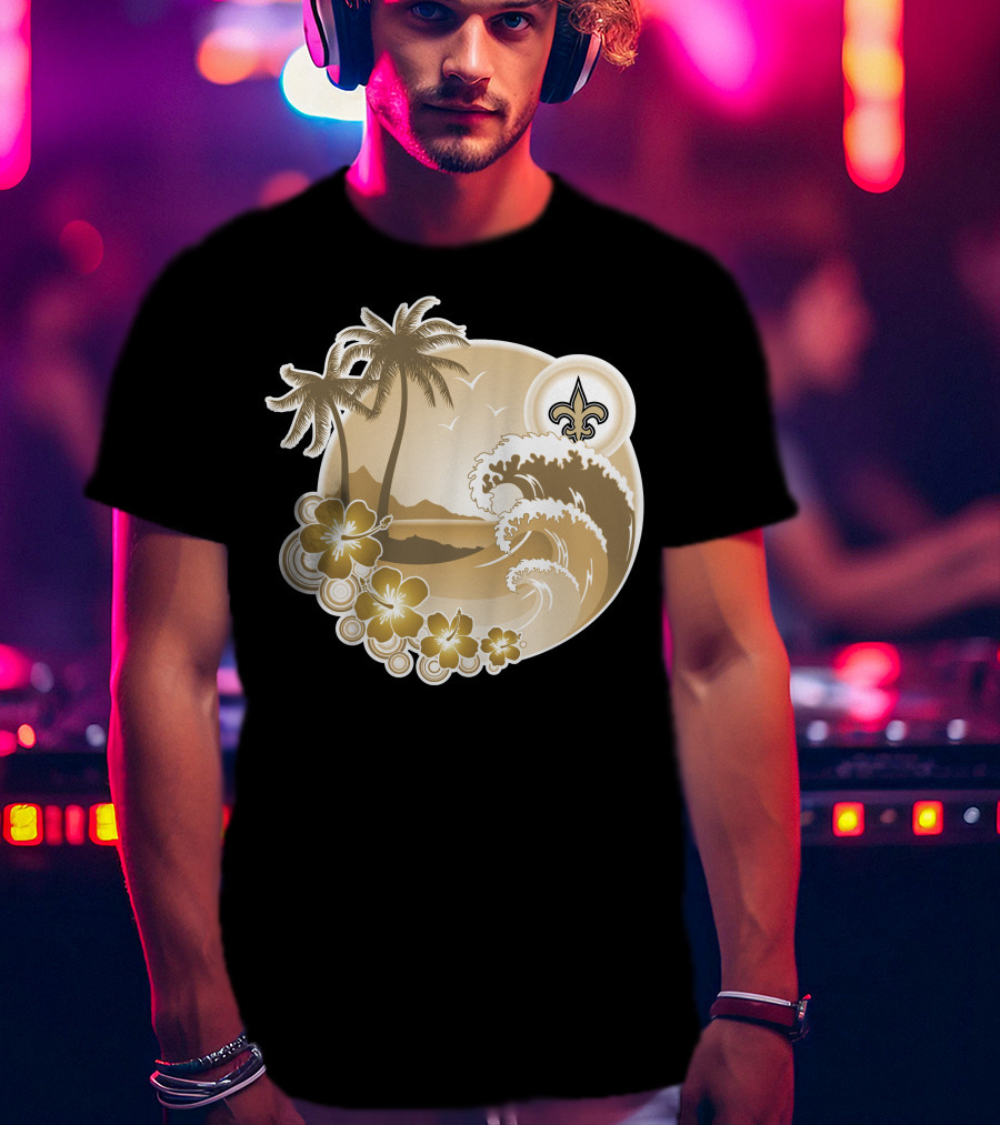 New Orleans Saints Happy Holidays Fleur-De-Lis Tropical Scene T-Shirt
