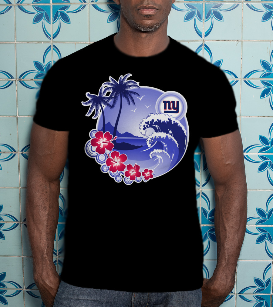 New York Giants Tropical Island Wave And Palm Trees T-Shirt