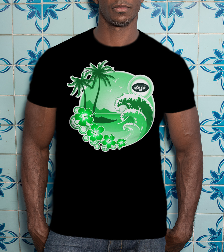 New York Jets Happy Holidays Tropical Waves And Palm Trees T-Shirt