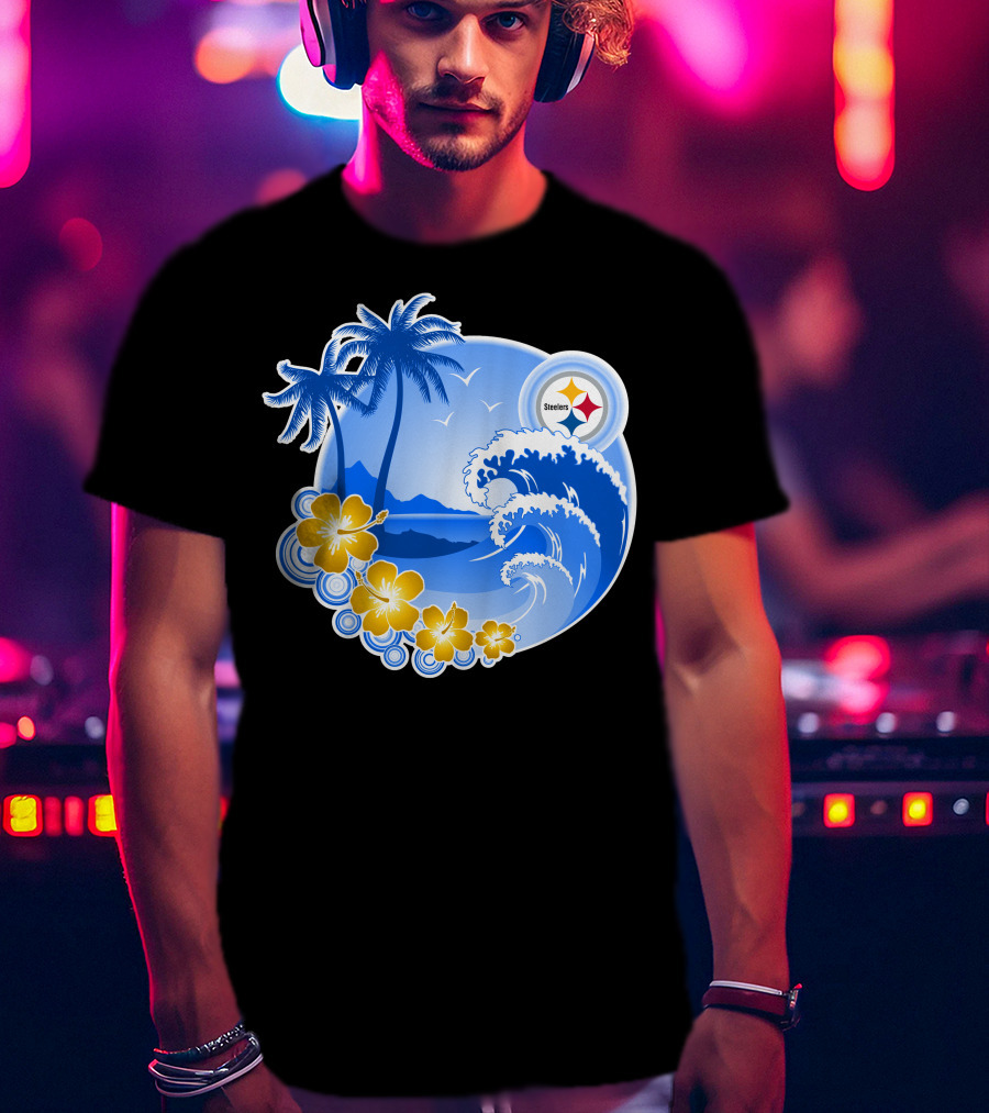 Pittsburgh Steelers Happy Holidays Tropical Waves Palm Trees Flowers T-Shirt