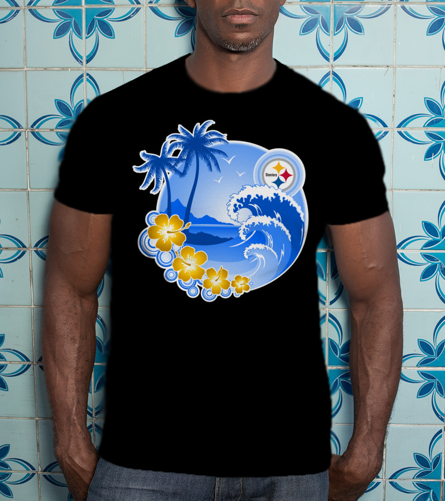 Pittsburgh Steelers Happy Holidays Tropical Waves Palm Trees Flowers T-Shirt