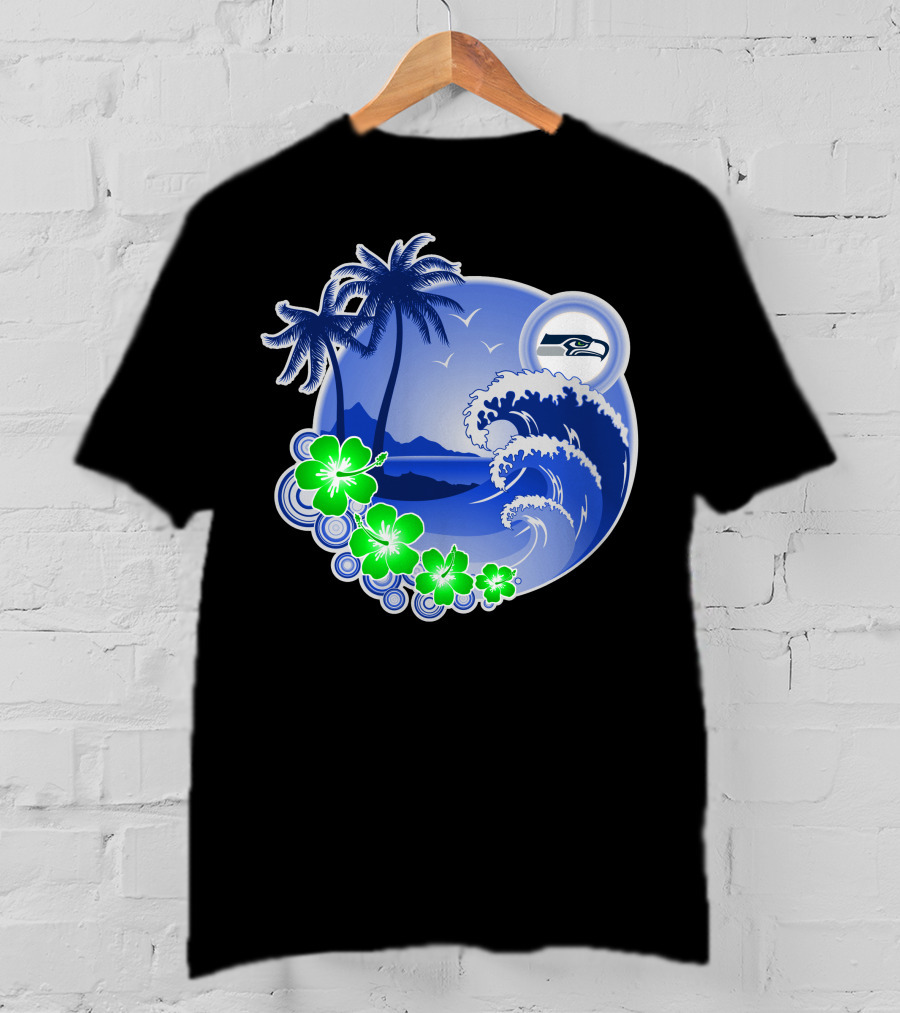 Seattle Seahawks Tropical Beach Happy Holidays Wave And Palm Trees T-Shirt