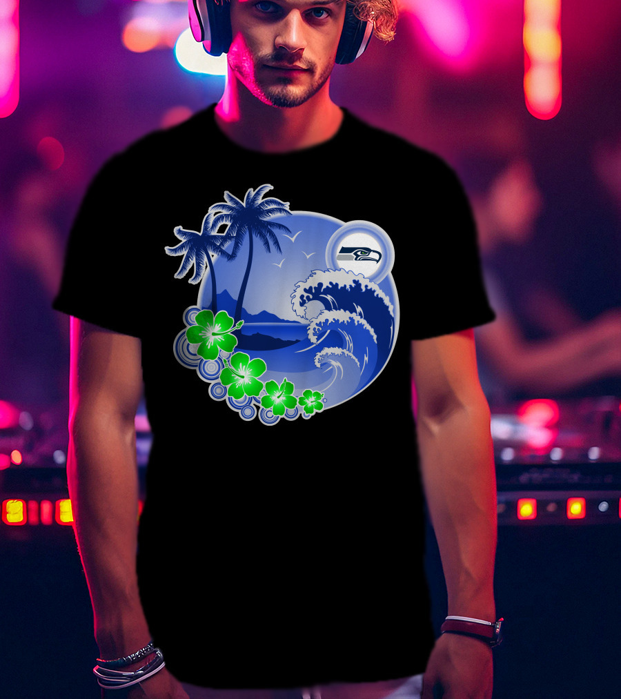 Seattle Seahawks Tropical Beach Happy Holidays Wave And Palm Trees T-Shirt
