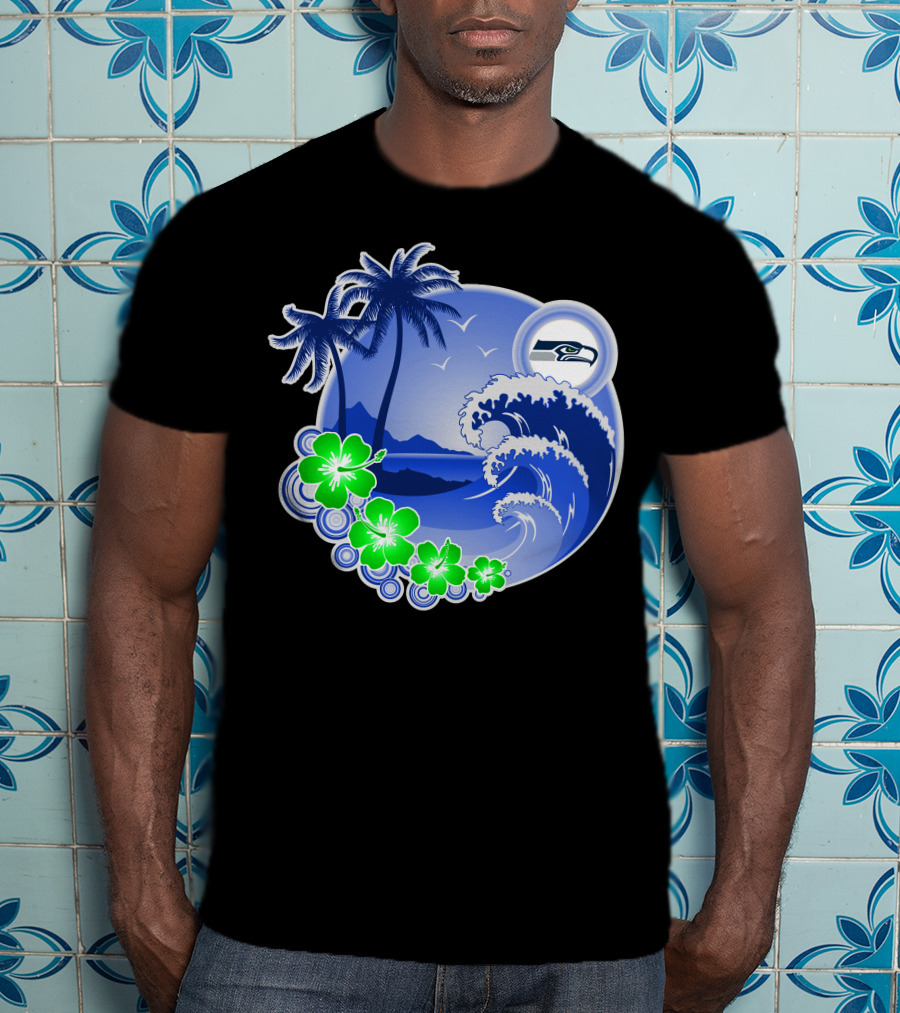 Seattle Seahawks Tropical Beach Happy Holidays Wave And Palm Trees T-Shirt