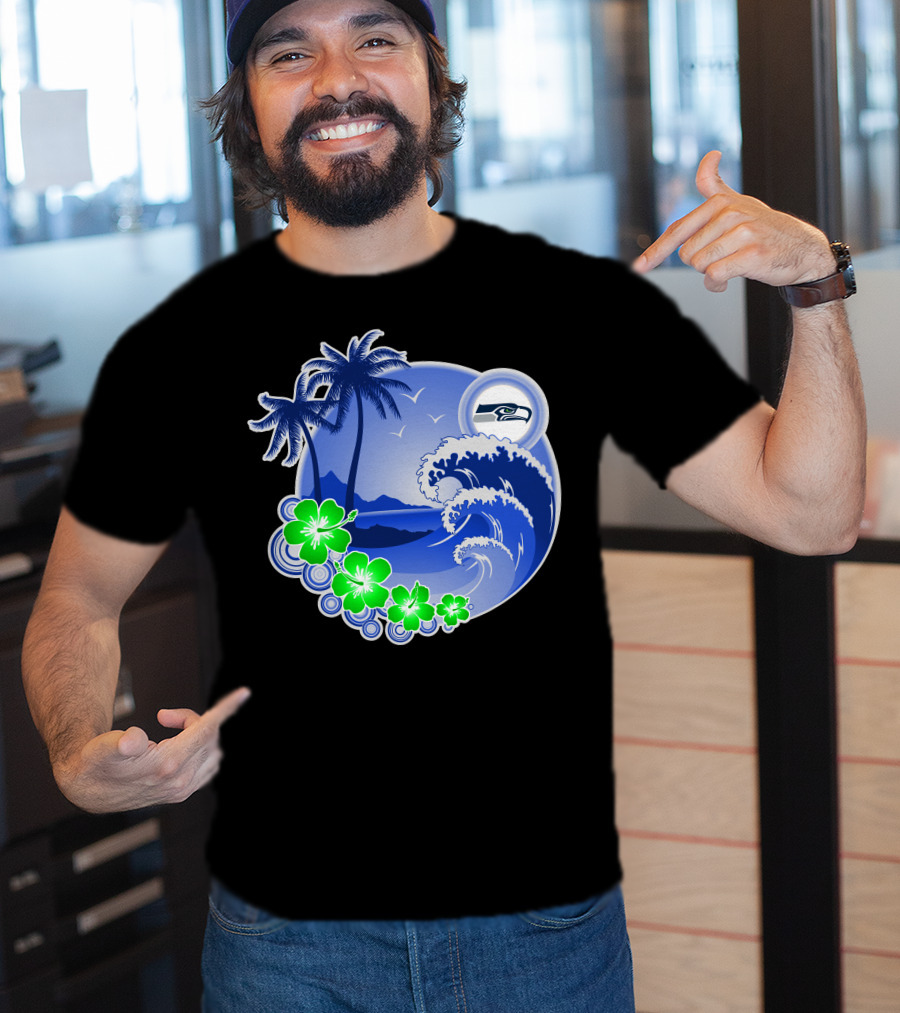 Seattle Seahawks Tropical Beach Happy Holidays Wave And Palm Trees T-Shirt