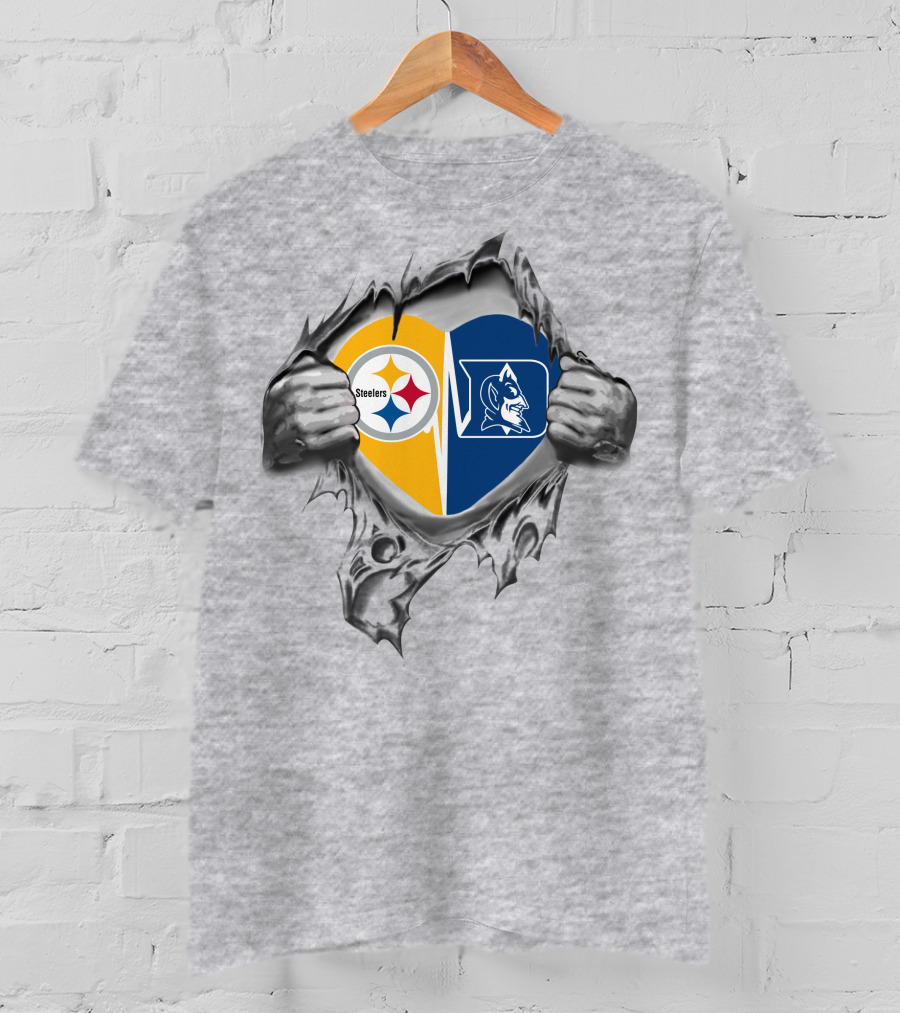 Steelers Duke Blue Devils Heart With Logos Inside Ripped Hands T-Shirt