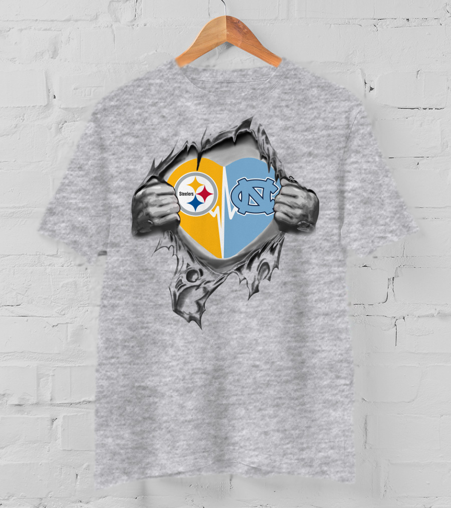 Steelers North Carolina Tar Heels Heart Torn Reveal T-Shirt