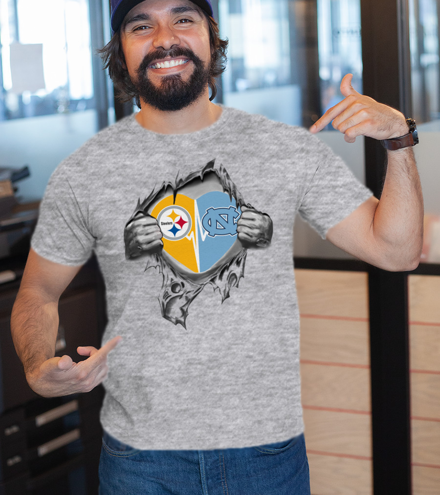 Steelers North Carolina Tar Heels Heart Torn Reveal T-Shirt