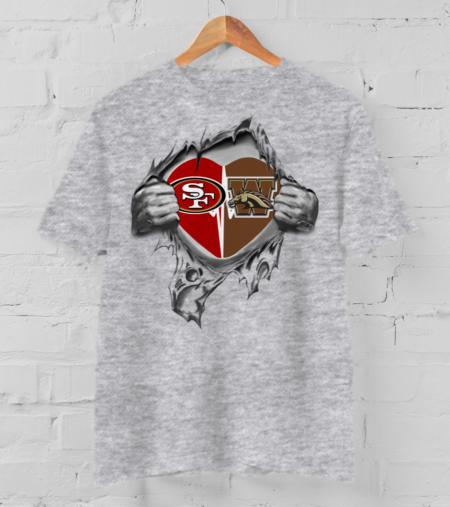 49ers Western Michigan Broncos Heart Silhouette Peeling Hands T-Shirt