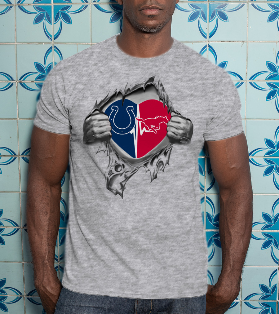 Colts Smu Mustangs Heart Logo Split By Torn Hands T-Shirt