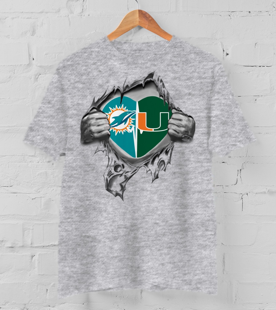 Dolphins Miami Hurricanes Heart Logo Tear T-Shirt