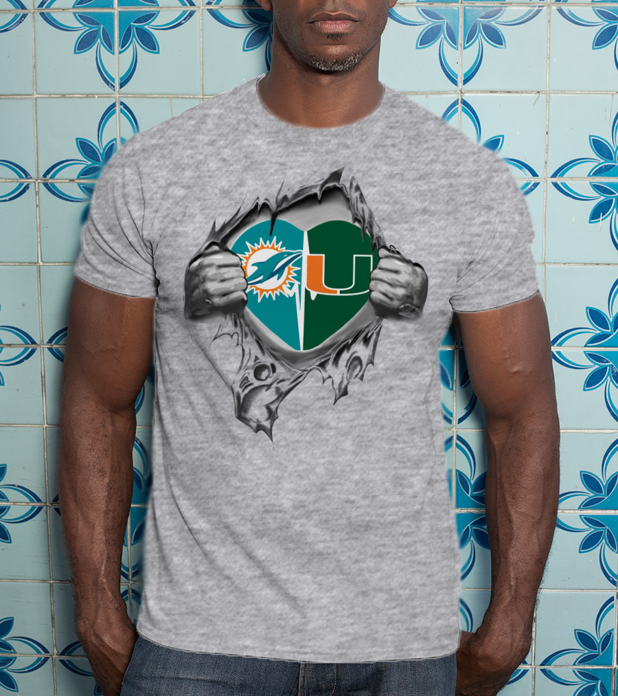 Dolphins Miami Hurricanes Heart Logo Tear T-Shirt