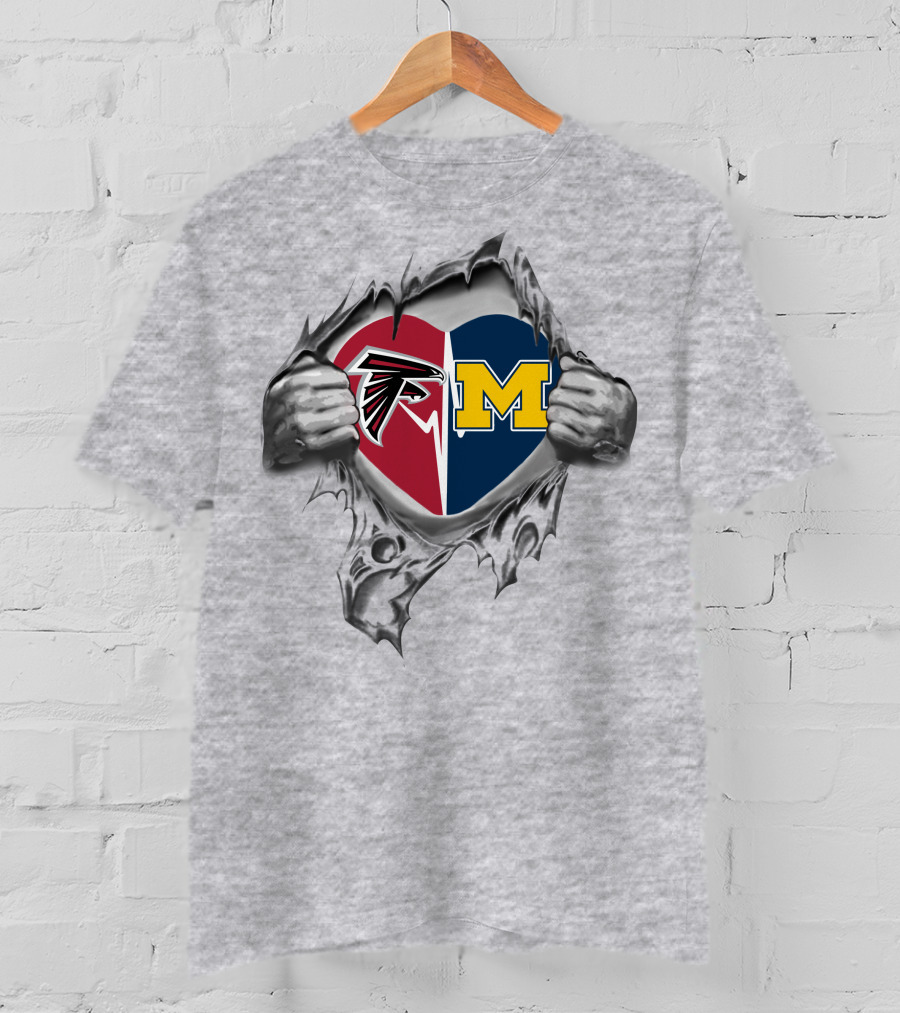 Falcons Michigan Wolverines Heart Logo Inside Torn Greytex T-Shirt