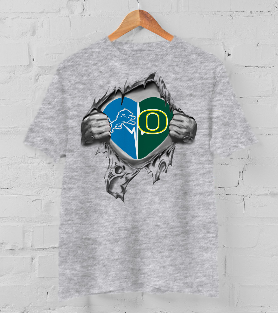 Lions Oregon Ducks Heart Design With Torn Effect And Team Logos T-Shirt