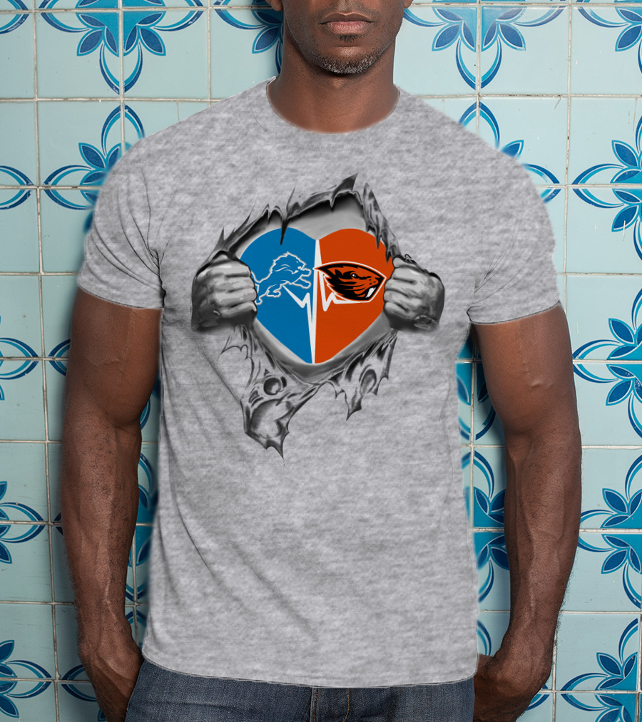 Lions Oregon State Beavers Heart Design With Logos And Ripped Hands T-Shirt