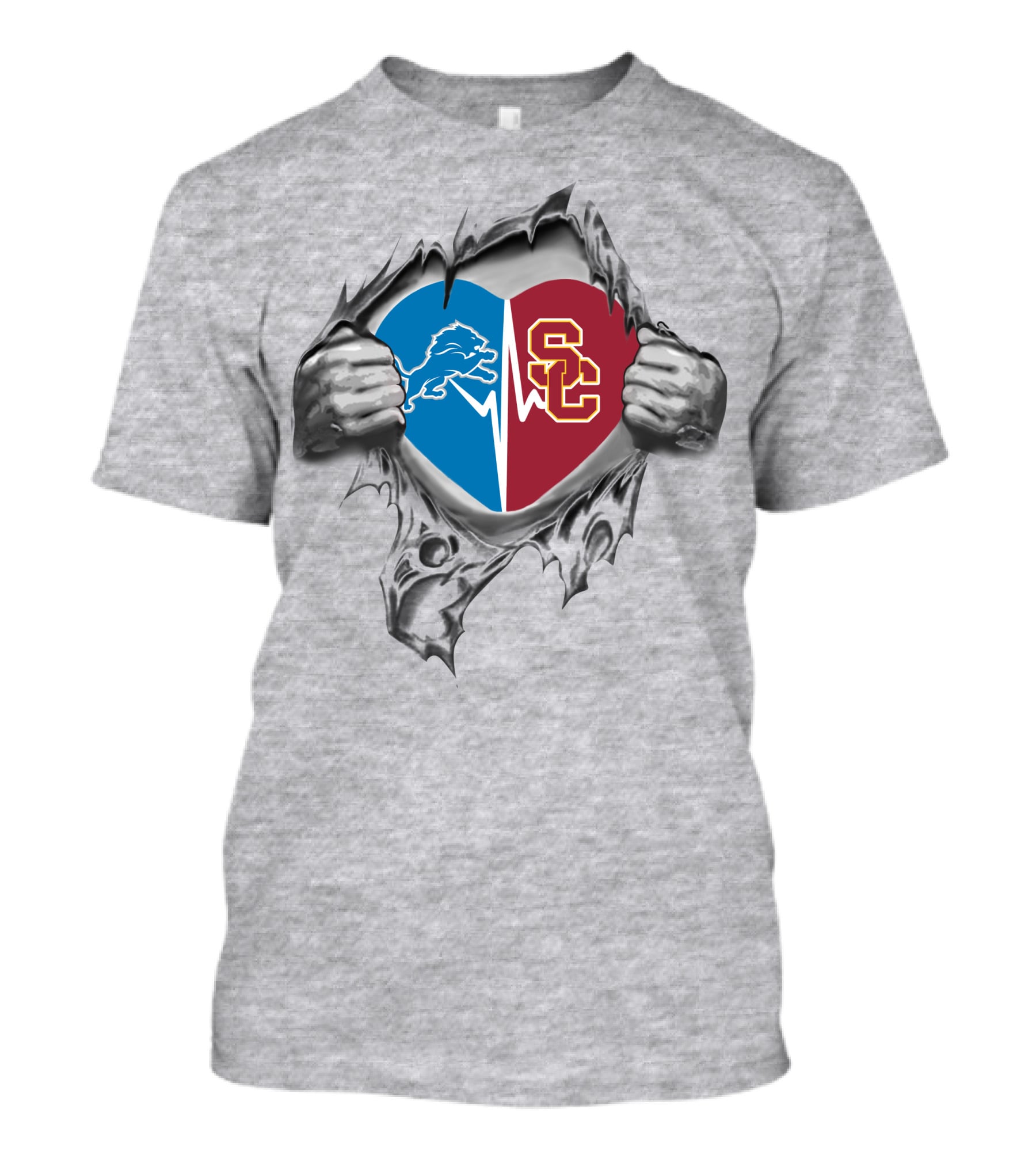 Lions Usc Trojans Heart Logo Split Pulled Open T-Shirt