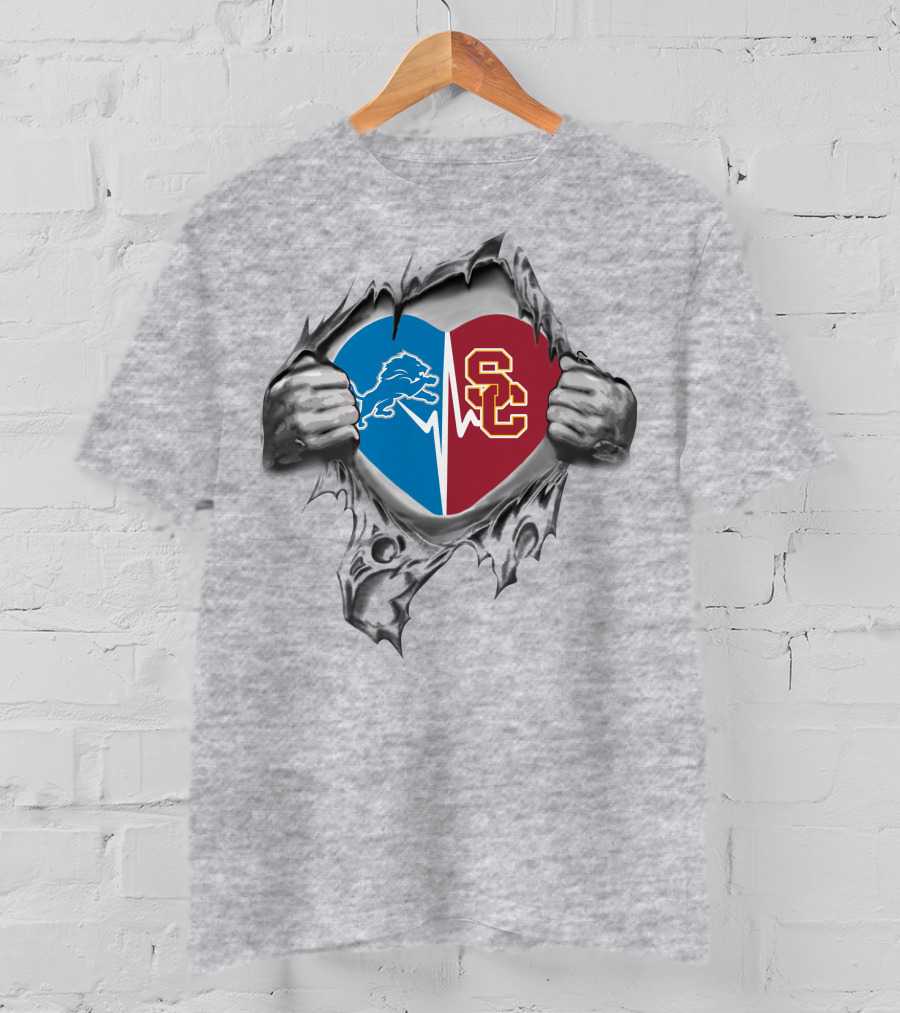 Lions Usc Trojans Heart Logo Split Pulled Open T-Shirt