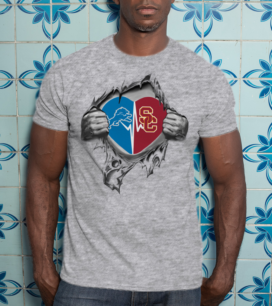 Lions Usc Trojans Heart Logo Split Pulled Open T-Shirt