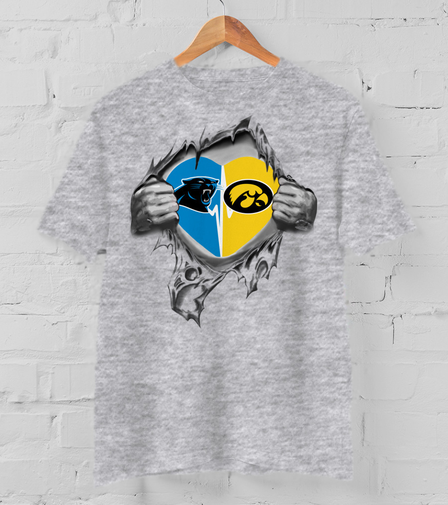 Panthers Iowa Hawkeyes Heart Design Combining Blue And Yellow Team Logos T-Shirt