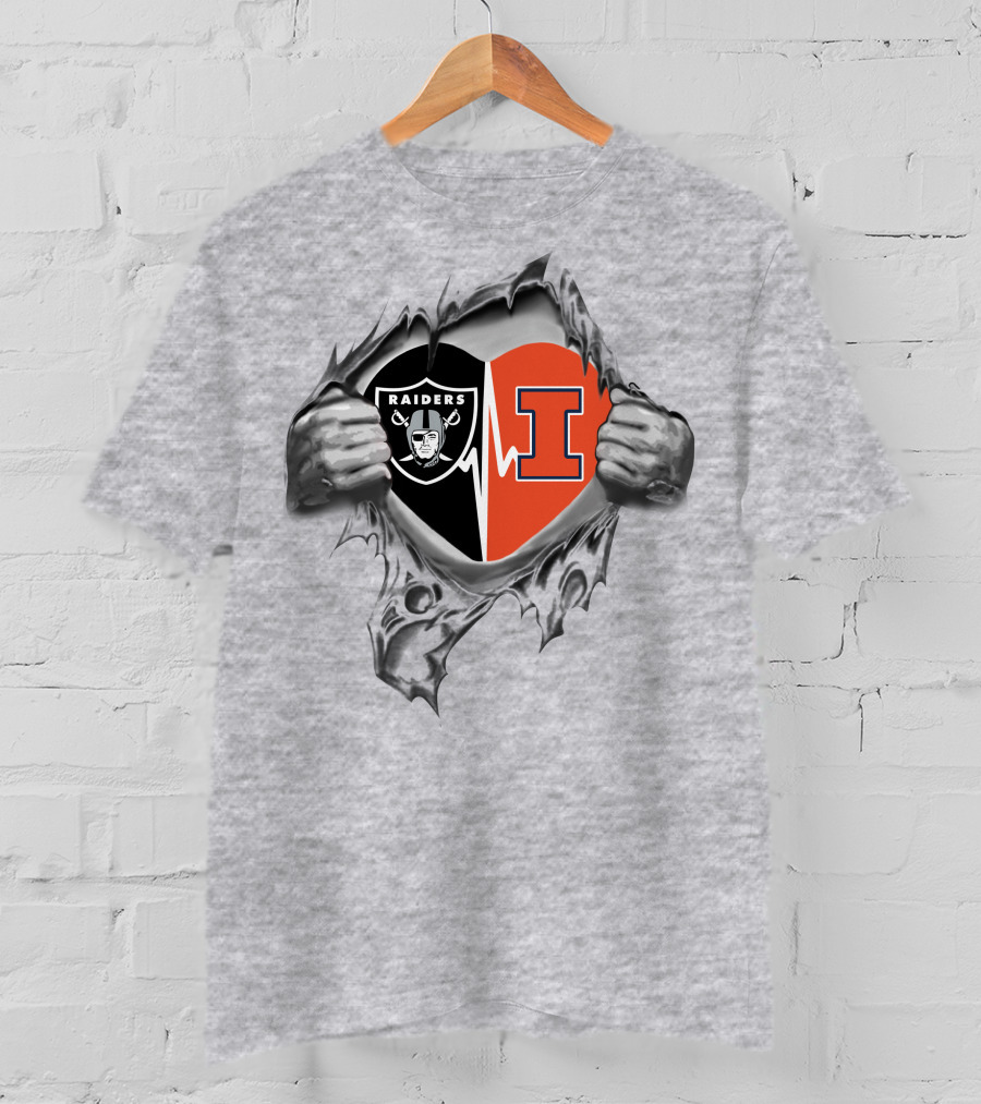 Raiders Illinois Fighting Illini Heartbeat Symbol With Logos T-Shirt