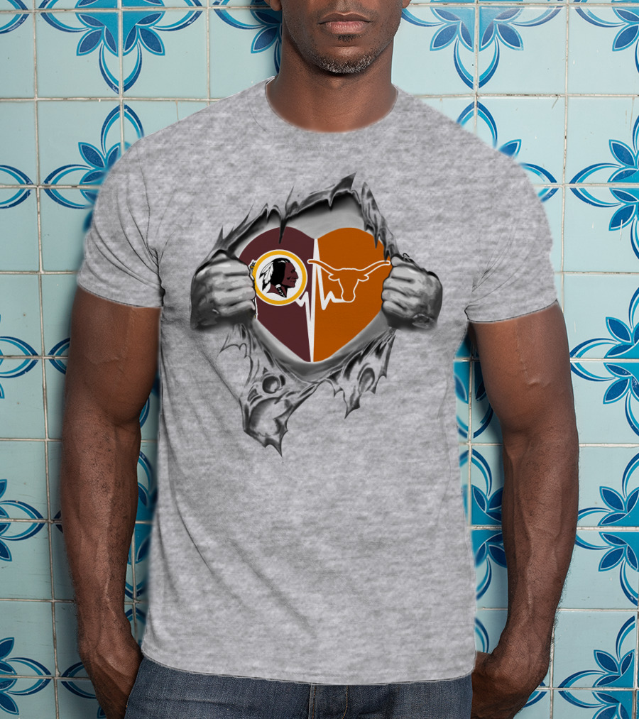 Redskins Texas Longhorns Heartbeat Design With Torn Effect T-Shirt