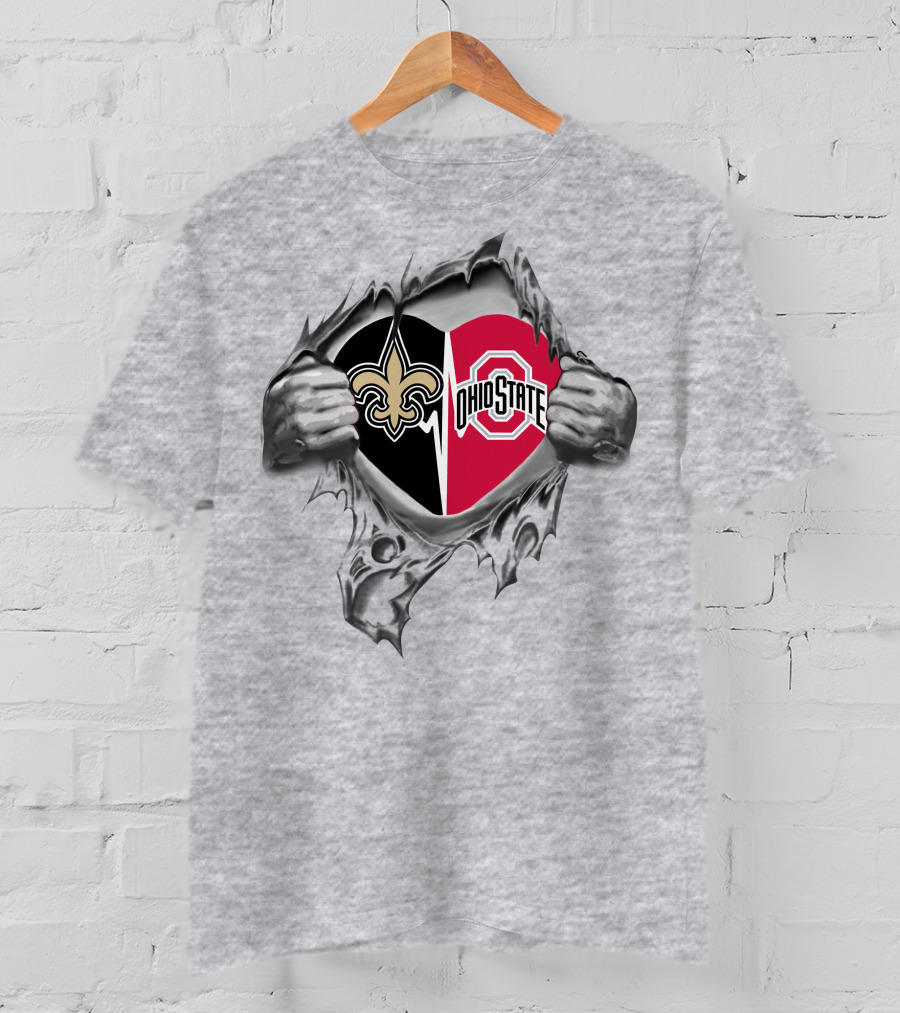 Torn Heart Saints Logo And Ohio State Buckeyes Emblem Fusion T-Shirt