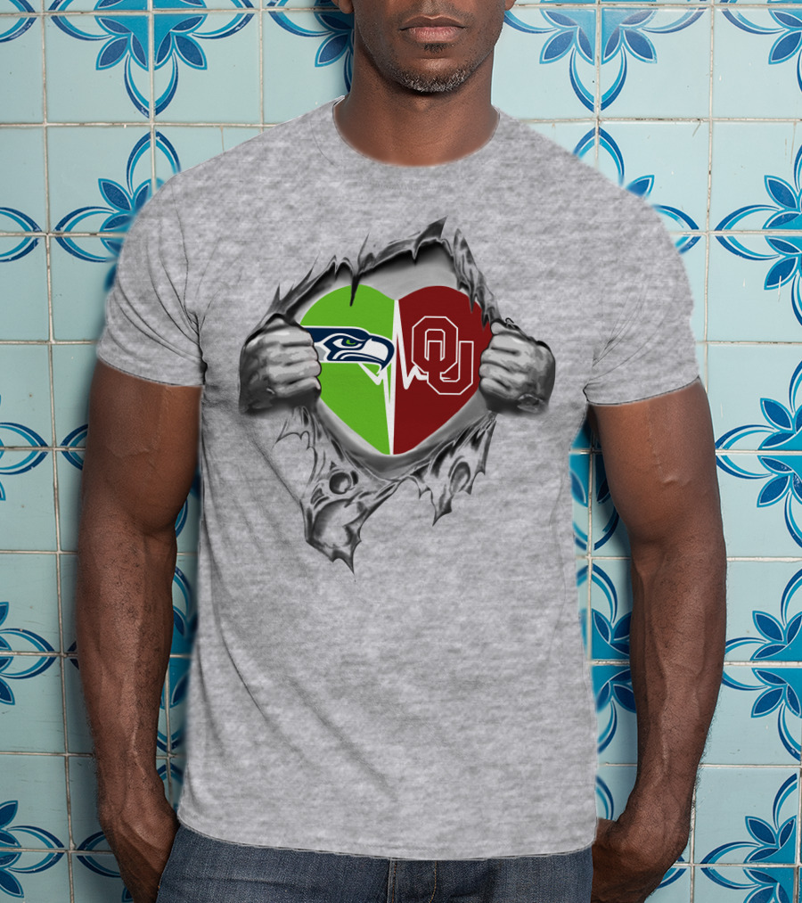 Seahawks Oklahoma Sooners Heart Logo With Torn T-Shirt