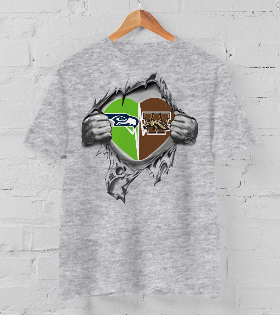 Seahawks And Western Michigan Broncos Heart Torn Open T-Shirt