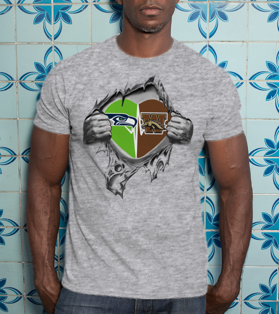 Seahawks And Western Michigan Broncos Heart Torn Open T-Shirt