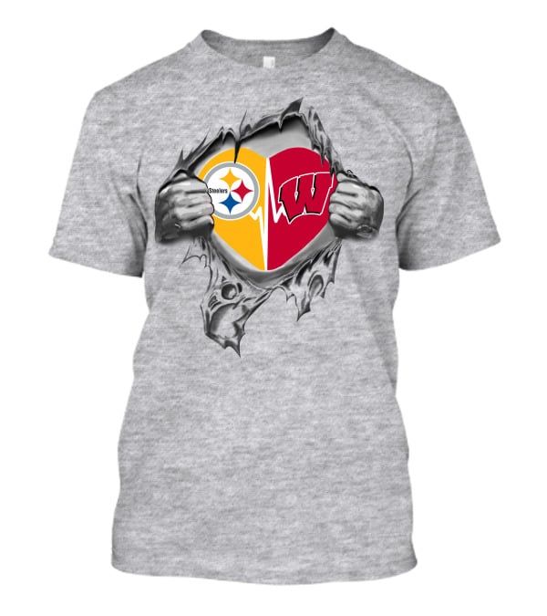 Steelers Wisconsin Badgers Heart Design With Icons T-Shirt